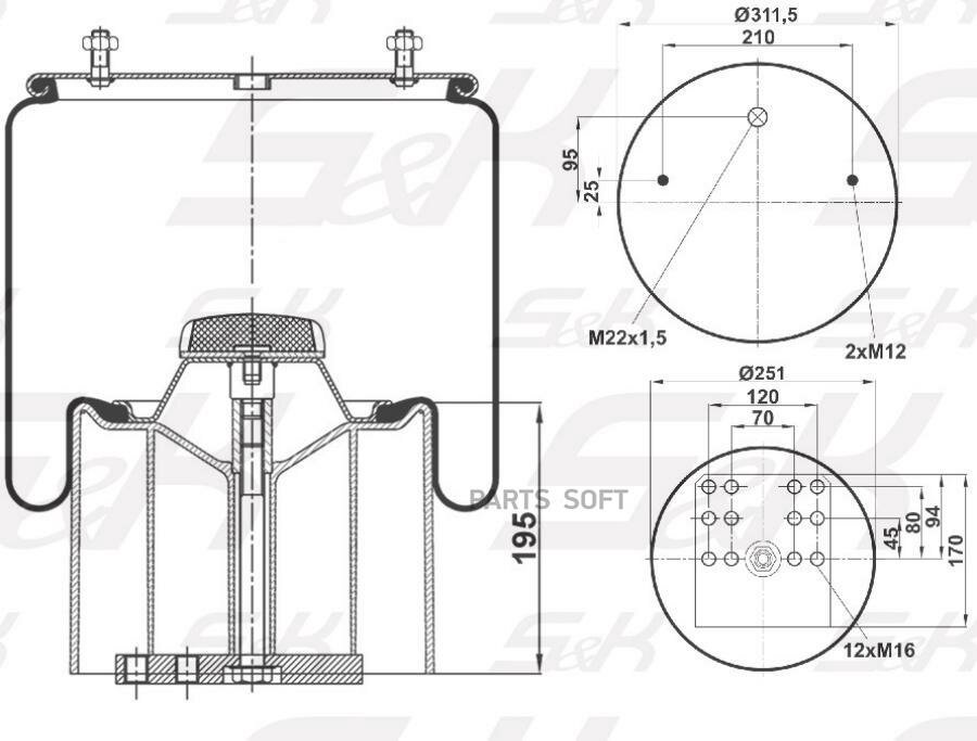 SK88101KP01PL S&K "Premium Line" Пневморессора. Поршень пластик [Верх: 1*M22, 2*M12 | Низ: 12*М16] [Гарантия 3 года]
