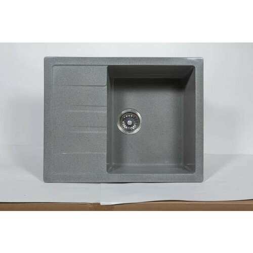 Каменная мойка врезная для кухни прямоугольная, глянцевая, с крылом, темно серый