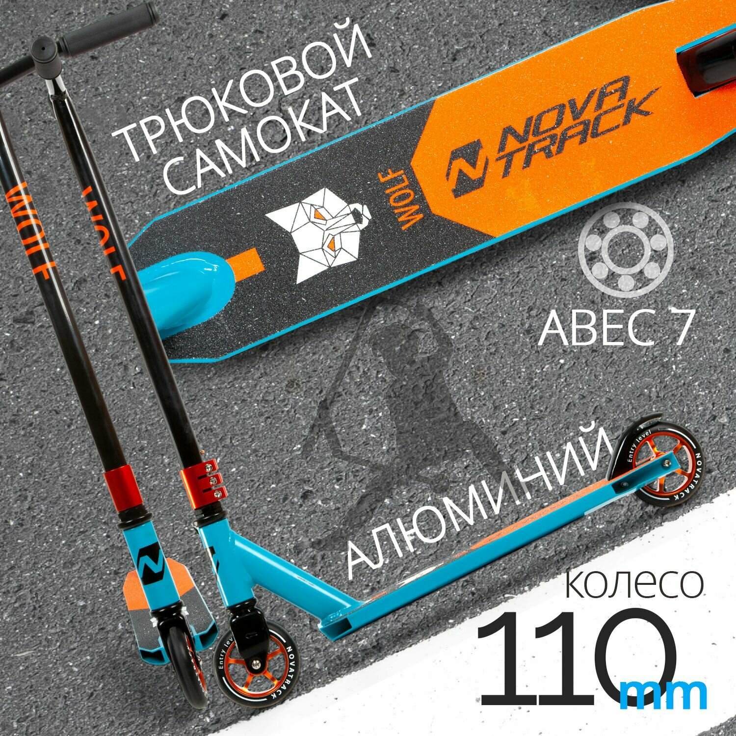 Самокат трюковый NOVATRACK WOLF EL, PU колеса с алюмин. ободом, жесткость PU 84A, abec7, зажим 3 болта, стальной Т-руль, анодированные цвета зажима и обода колеса, черно-синий