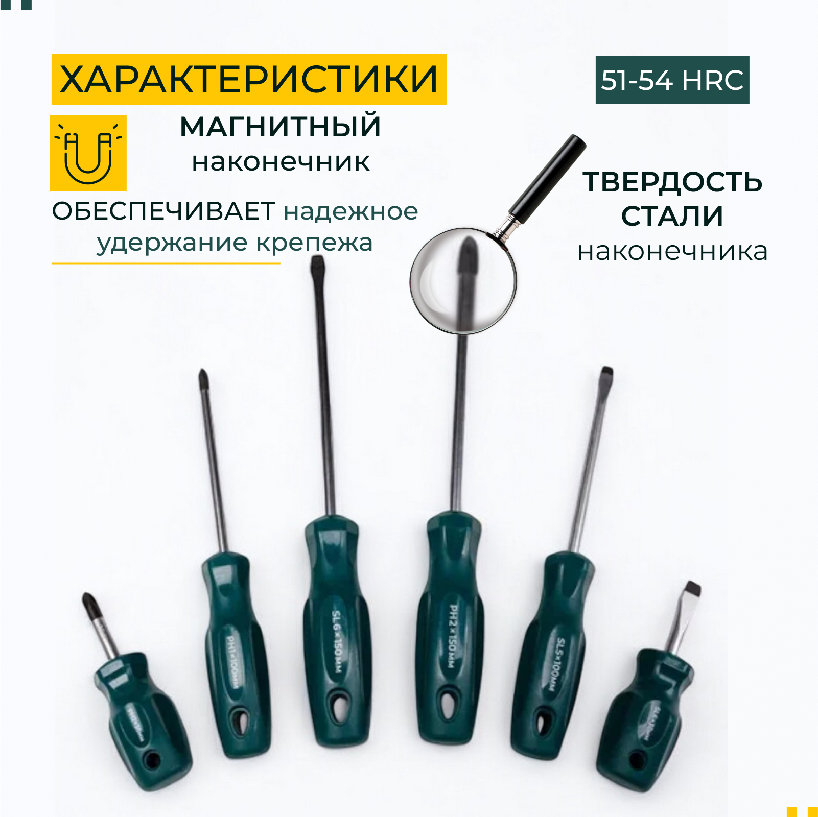 Набор отверток Стандарт, 6 шт. с настенным держателем, хромванадиевая сталь, магнитные наконечники, универсальные — фото 1