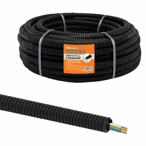 Кабель в гофрированной трубе TDM ELECTRIC ПНД d16 ВВГ-Пнг (А)-LS 3х1, 5ок (N, PE)-0, 66 ГОСТ черный бухта 50м.
