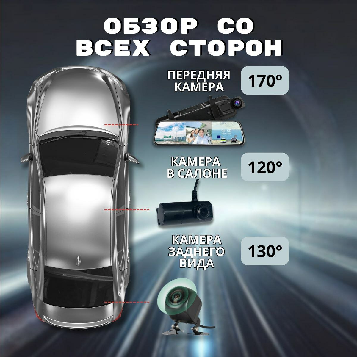 Видеорегистратор для автомобиля, зеркало заднего вида, 3 камеры, встроенный Wi-Fi — фото 1