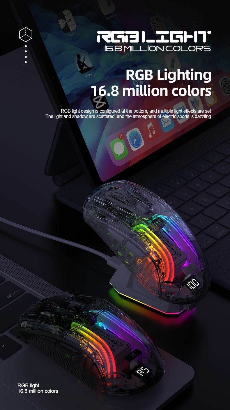 Беспроводная игровая мышь Attack Shark X2PRO с док-станцией, Bluetooth + 2.4Ghz USB, белый/прозрачный — фото 1