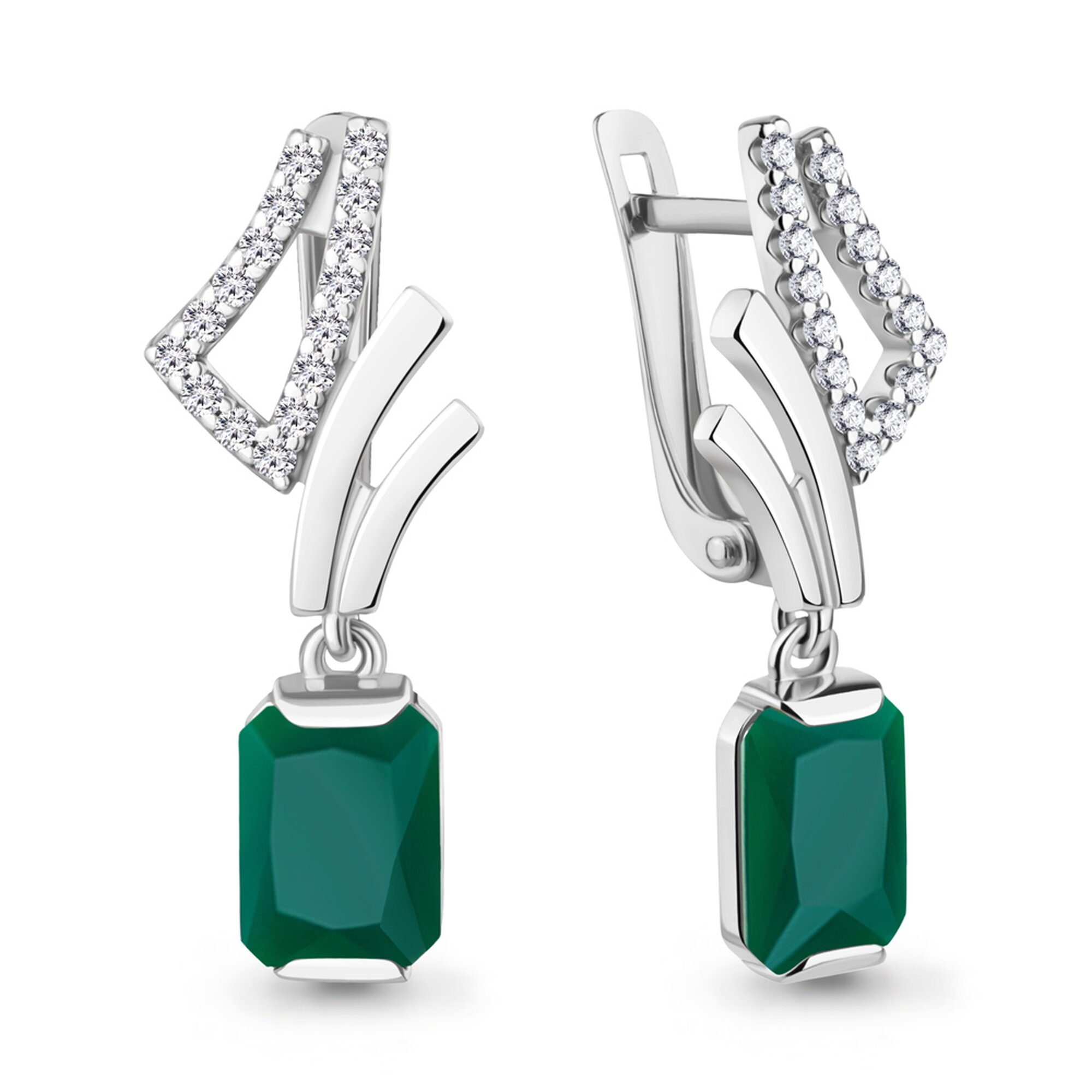 Серьги Diamant online, серебро, 925 проба, родирование, фианит, агат, длина 2.7 см, , зеленый