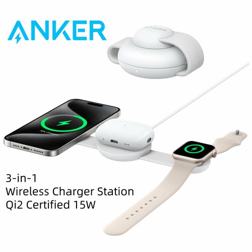 Anker MagSafe Совместимость MagGo UFO 3-в-1 беспроводная зарядная станция, Qi2 сертифицированная 15W, складная зарядная подложка для путешествий