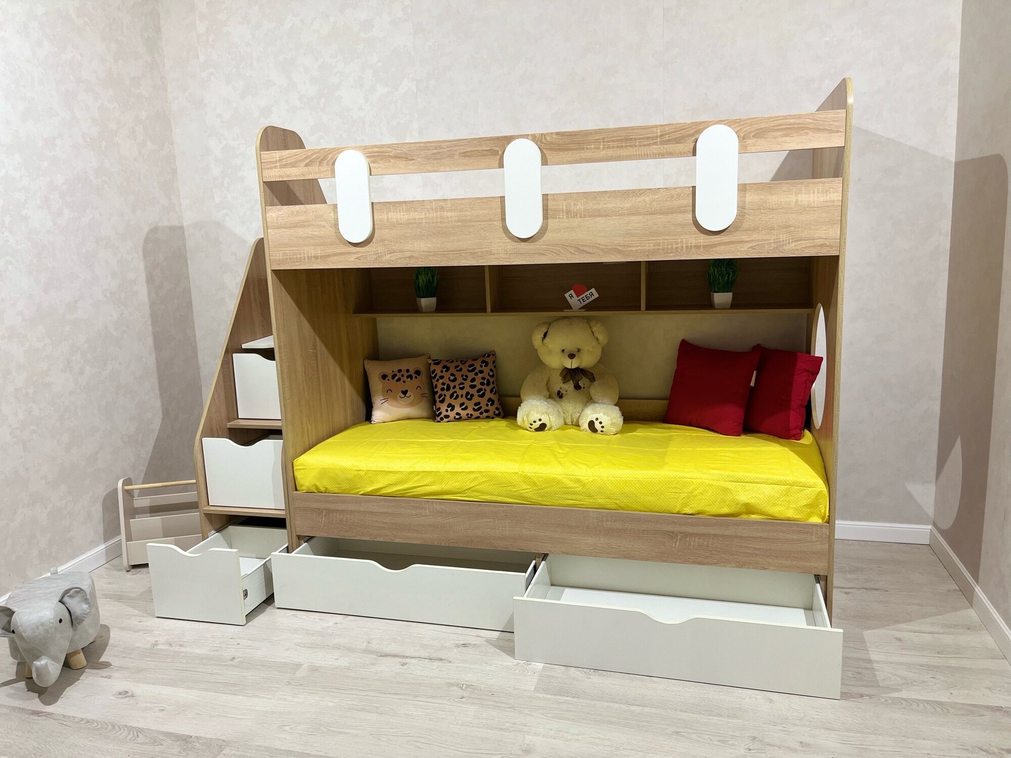 Двухъярусная кровать Династия KIDS "Фортуна", с лестницей и ящиками, нагрузка до 150 кг на каждый ярус