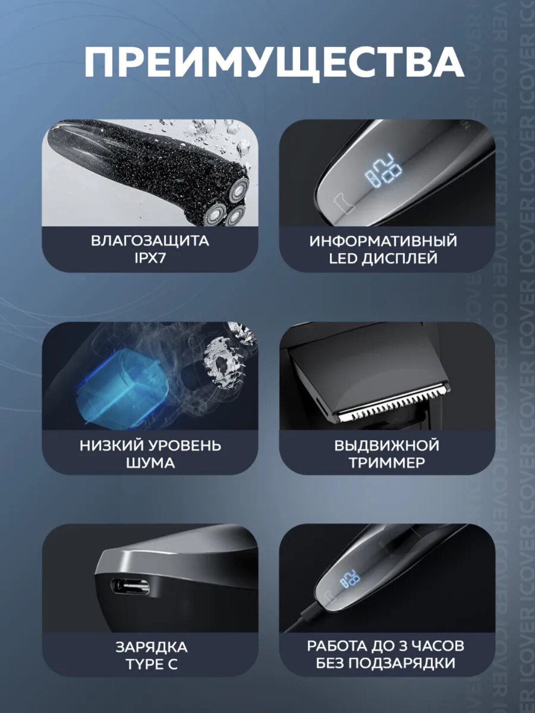 Электробритва мужская для лица Enchen BlackStone 3, роторная, 3 плавающие головки, Xiaomi, IPX7, время работы до 90 мин — фото 1