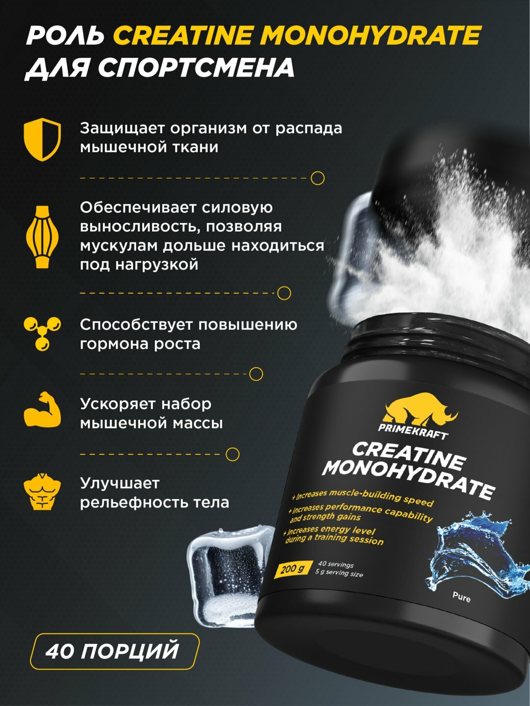 Креатин моногидрат Creatine Primekraft, 200 г, 40 порций, без вкуса, для набора мышечной массы — фото 1