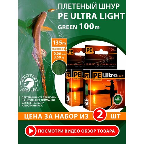 Плетеный шнур для рыбалки AQUA PE Ultra Light Dark Green 100m 0.06mm 3.5kg 2шт