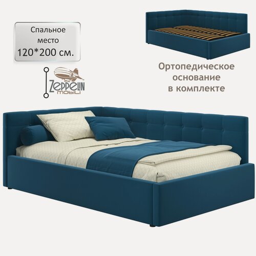 Изображение товара Кровать-тахта угловая Bonna 120х200 синяя ортопедическая, мягкая спинка из велюра, с ламелями