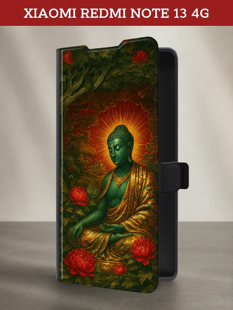 Чехол-книжка на Xiaomi Redmi Note 13 4G (Global) / Сяоми Редми Нот 13 4G с принтом Монах в чаще, черный