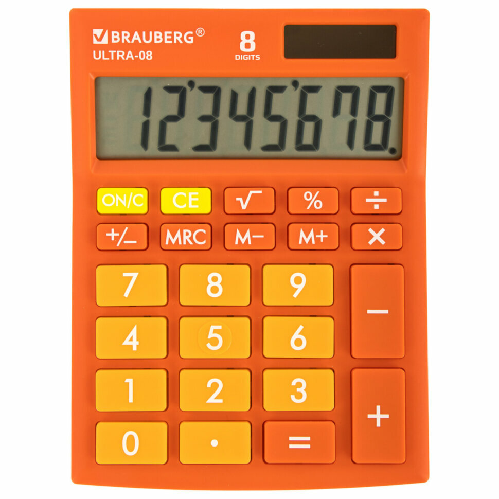 Калькулятор настольный BRAUBERG ULTRA-08-RG, компактный (154x115 мм), 8 разрядов, двойное питание, оранжевый, 250511, 250511