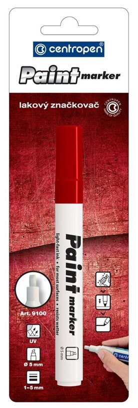 Маркер-краска Centropen "Paint Marker 9100", красная, клиновидный, 5 мм, лаковый, блистер (591009904) - фотография № 2