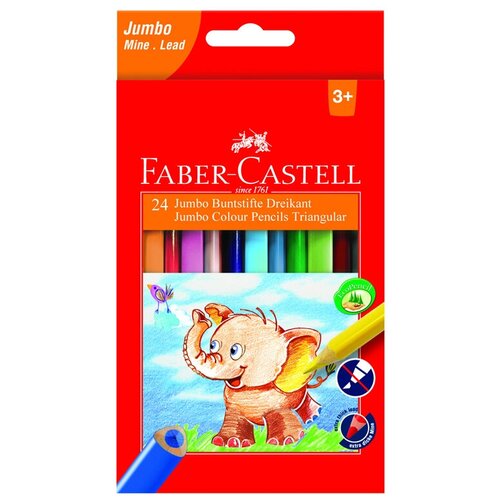 Карандаши цветные Faber-Castell Jumbo 24цв., трехгран., заточен., картон, европодвес, с точилкой