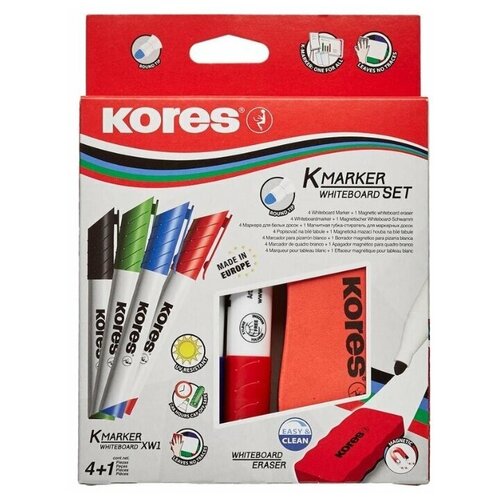 Kores Набор маркеров K-Marker XW1 с губкой, 20863, 4 шт., разноцветный, 4 шт. набор маркеров для досок kores круглый наконечник 2мм 4 цвета 4шт 18 уп