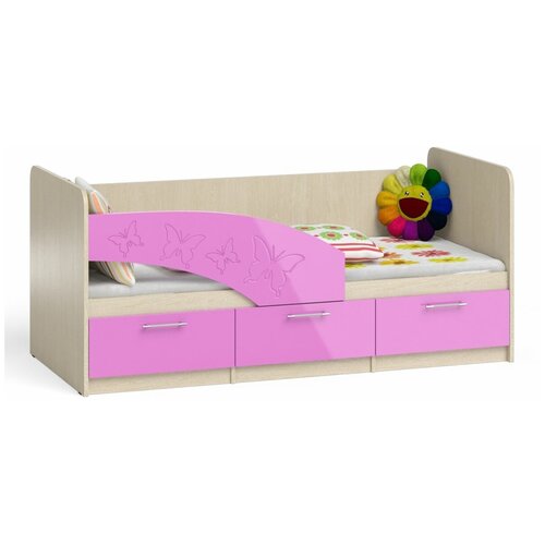 фото Кровать детская с ящиками бабочки 1,8л цвет дуб атланта/розовый глянец бит и байт