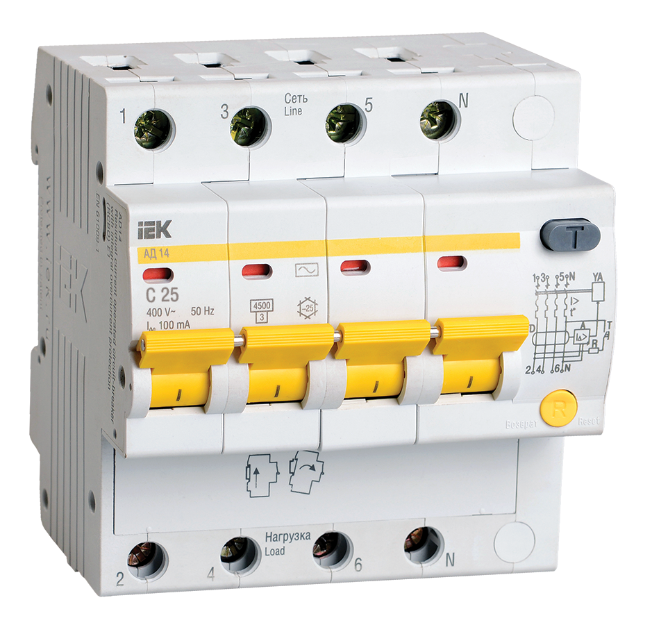 Дифференциальный автомат IEK 4п C 25А 100мА тип AC 4.5кА АД-14, MAD10-4-025-C-100