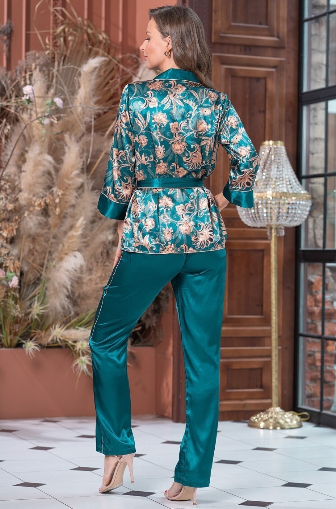 Комплект MIA-AMORE, брюки, топ, укороченный рукав, карманы, пояс, размер 2XL, зеленый - фотография № 3