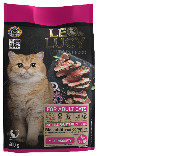 LEO&LUCY Сухой корм для кошек Holistic Steril мясное ассорти, биодобавки, 400гр * 3шт - фотография № 2