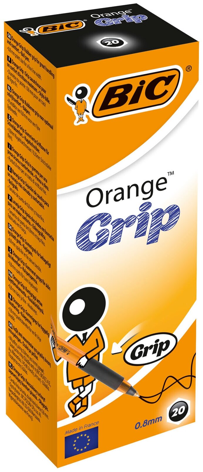 Ручка шариковая Bic Orange grip fine (811925) диаметр 0.32мм черные чернила коробка картонная 1 стержень линия 0.32мм резиновая манжета