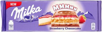 Шоколад Milka Strawberry Cheesecake молочный с начинкой со вкусом чизкейка, клубничной начинкой и печеньем, 300 г