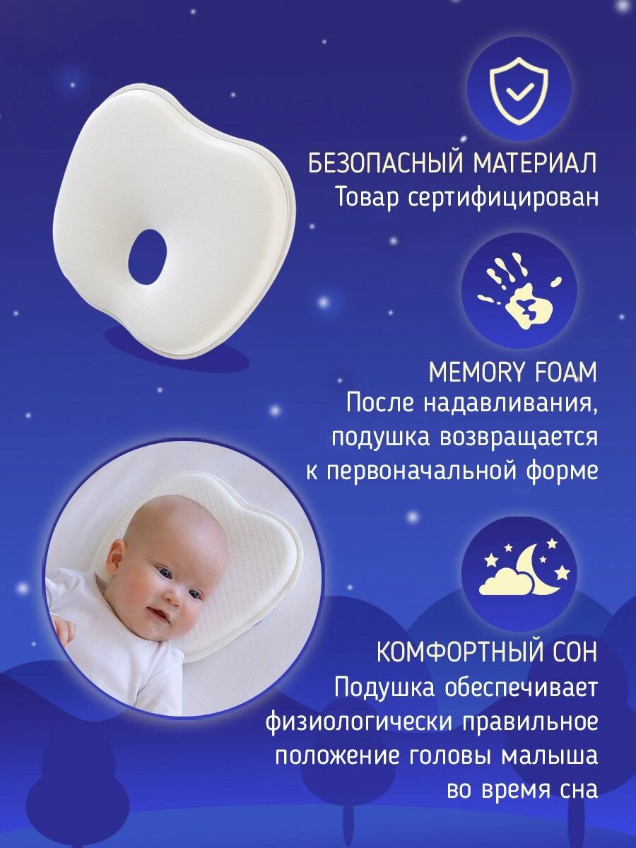 Подушка ортопедическая детская для новорожденного Memory Foam , Бабочка, бежевый