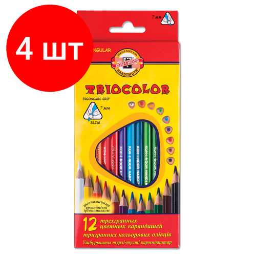Комплект 4 шт, Карандаши цветные KOH-I-NOOR Triocolor, 12 цветов, трехгранные, грифель 3.2 мм, европодвес, 3132012004KSRU