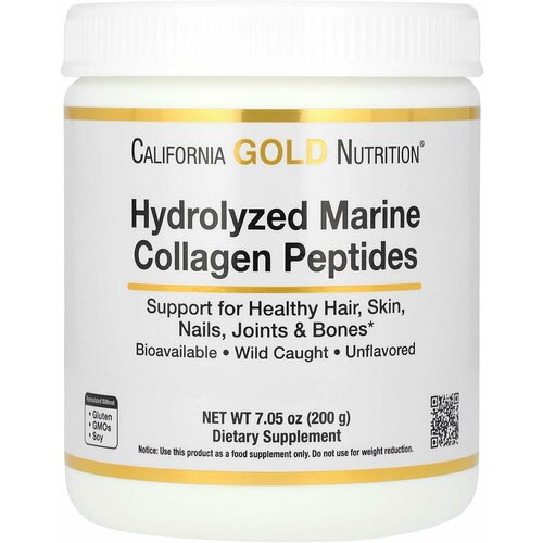 California Gold Nutrition Hydrolyzed Marine Collagen Peptides 200 g (пептиды морского голлагена) коллаген говяжий тип 1 и 3 для суставов кожи ногтей волос atletic food 100% pure collagen peptides порошок 300 г натуральный