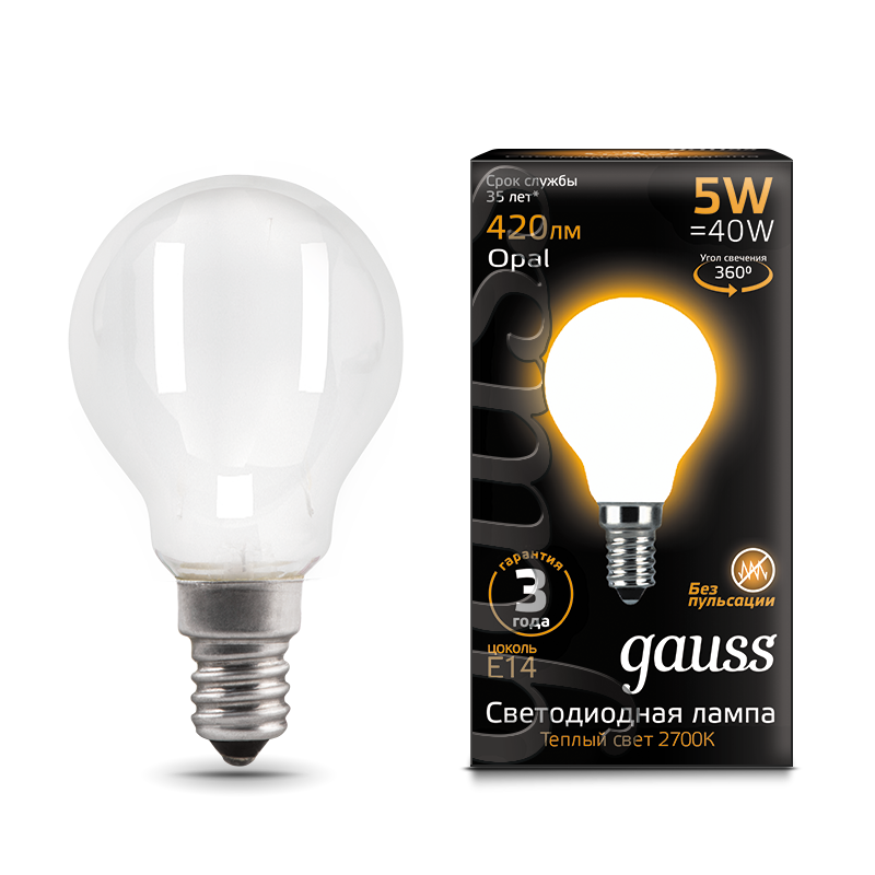 Лампа Gauss Filament Шар 5W 420lm 2700К Е14 LED 105201105