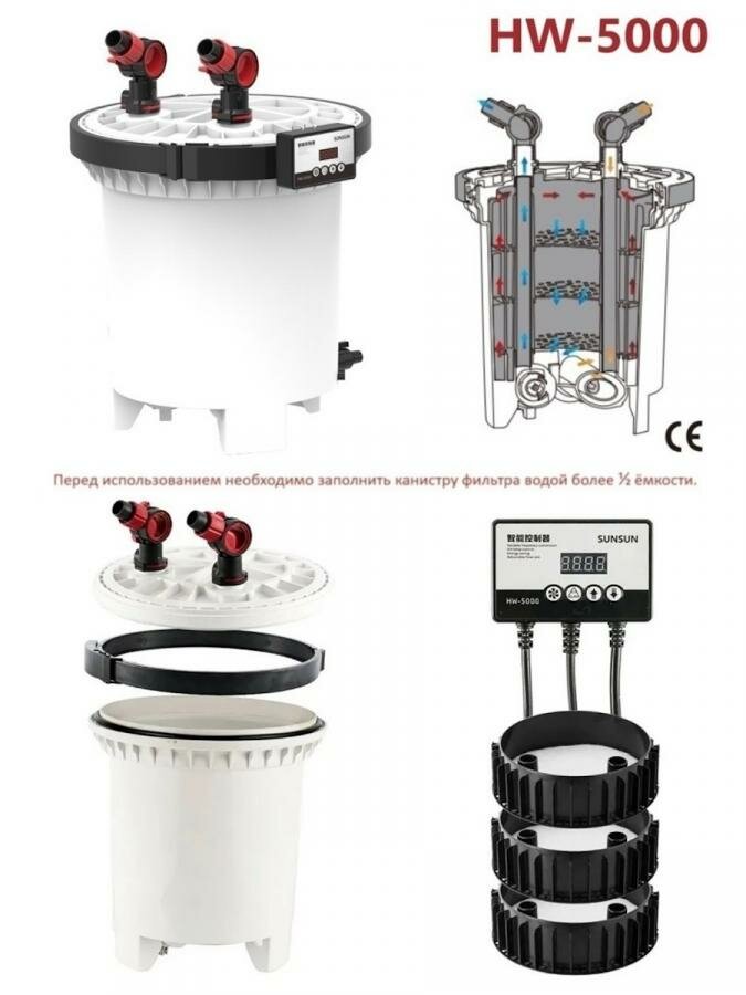 Внешний фильтр с UV стерилизатором HW-5000 SUNSUN с регулировкой потока, подходит для аквариума до 1200л