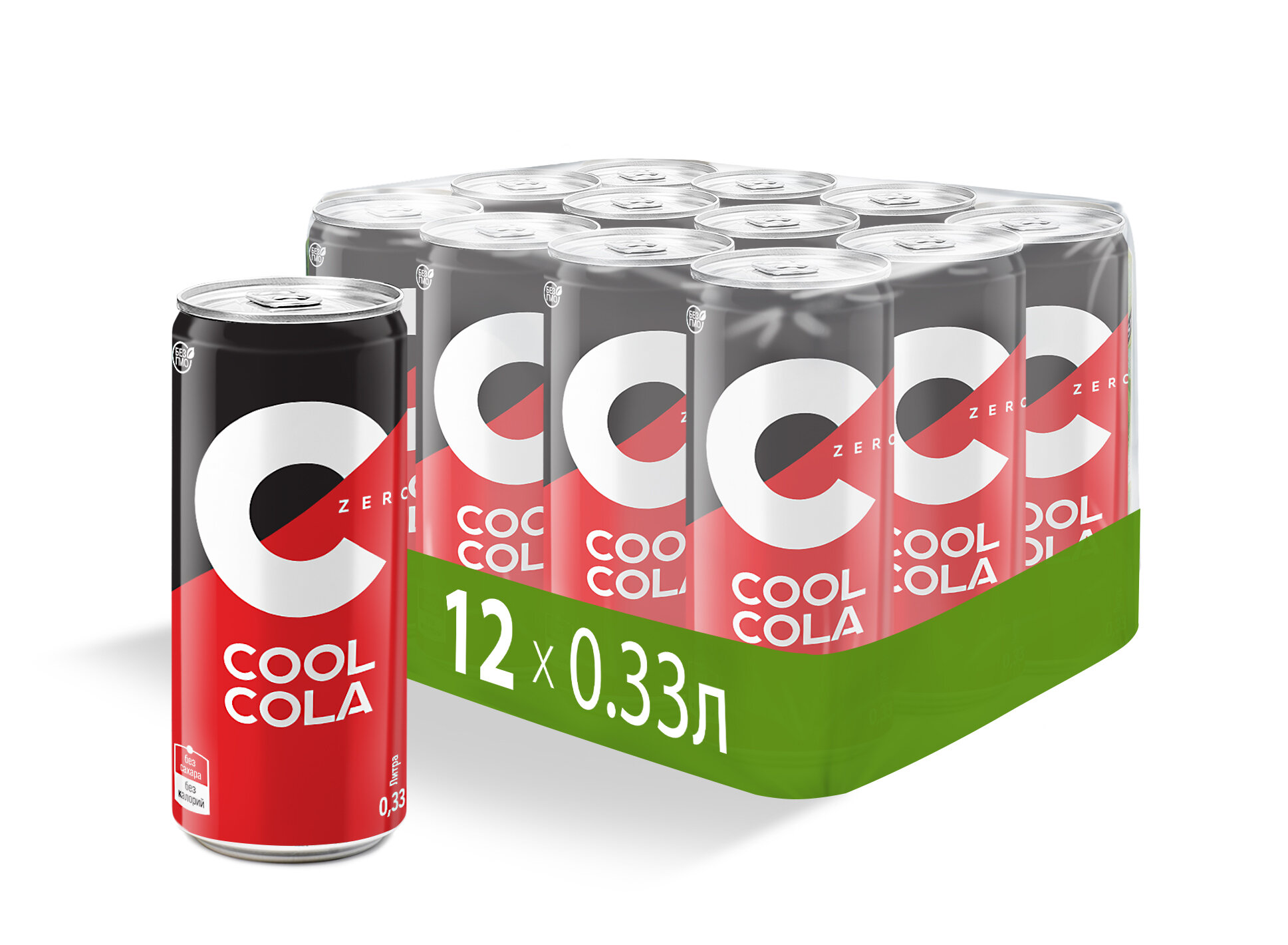 Напиток "Кул Кола без сахара" ("Cool Cola Zero") безалкогольный сильногазированный, а/б 0.33 (упаковка 12шт) — фото 1