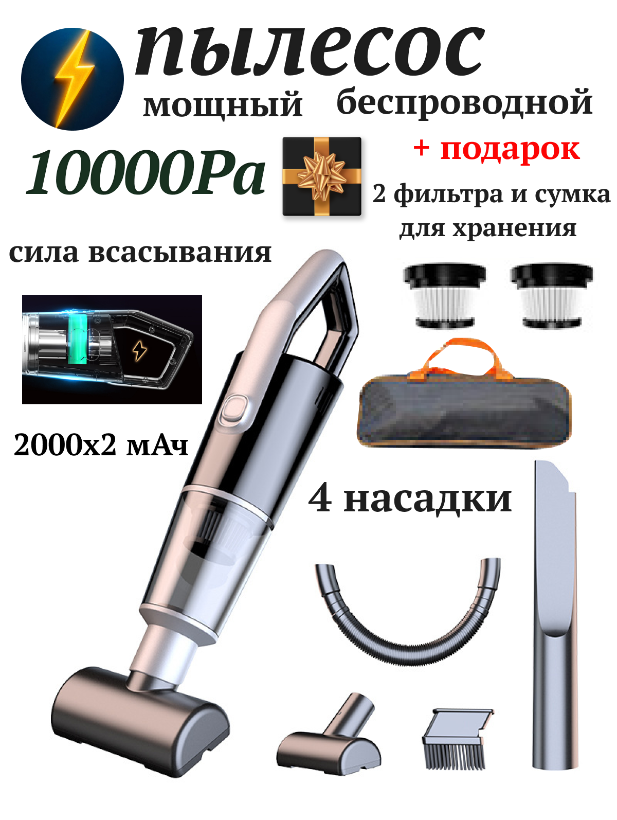Пылесос для автомобиля беспроводной мощный, автомобильный аккумуляторный ручной портативный мини пылесос для салона машины и мебели