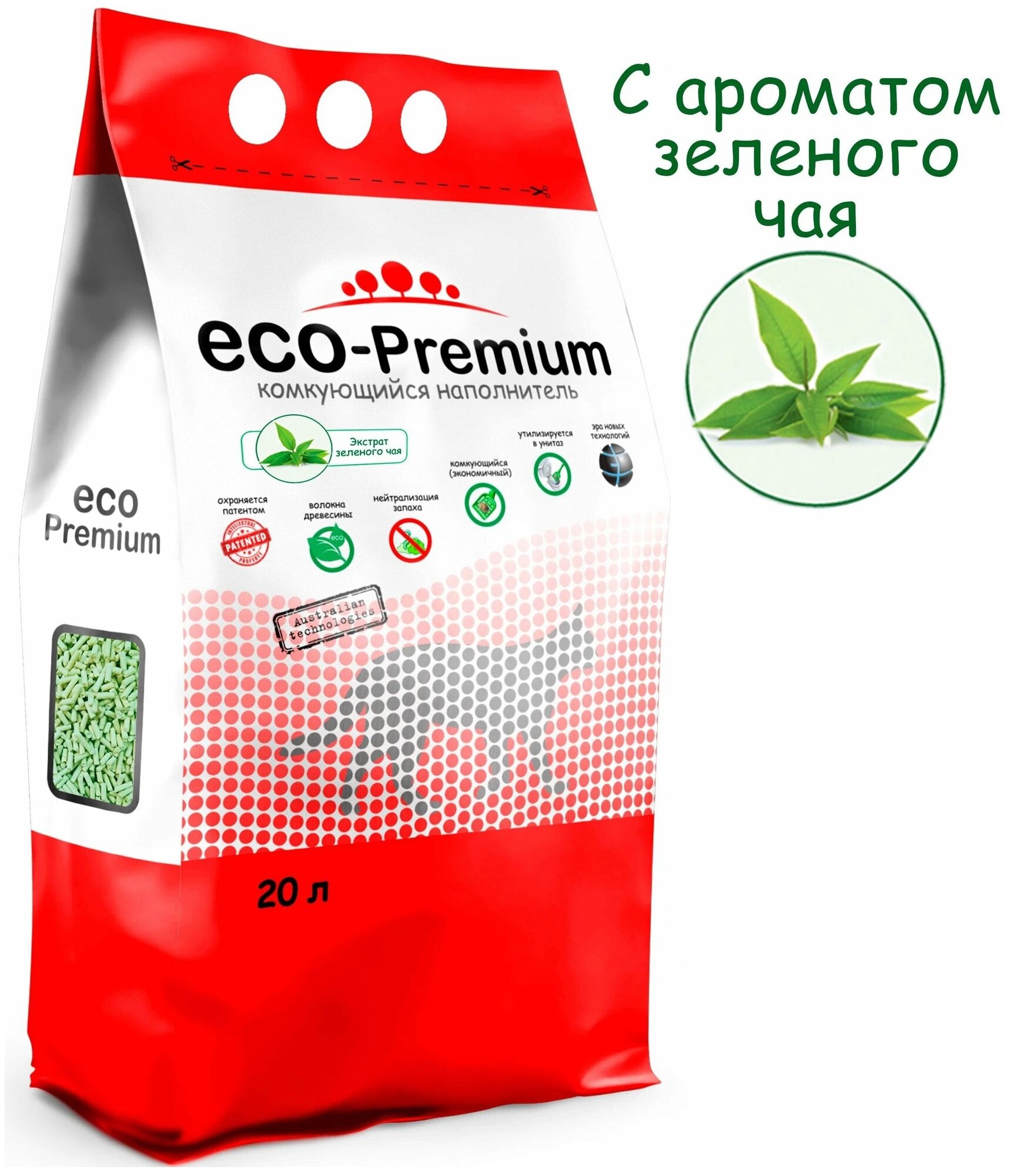 Наполнитель ECO Premium Зеленый чай комкующийся древесный 7.6кг/20л