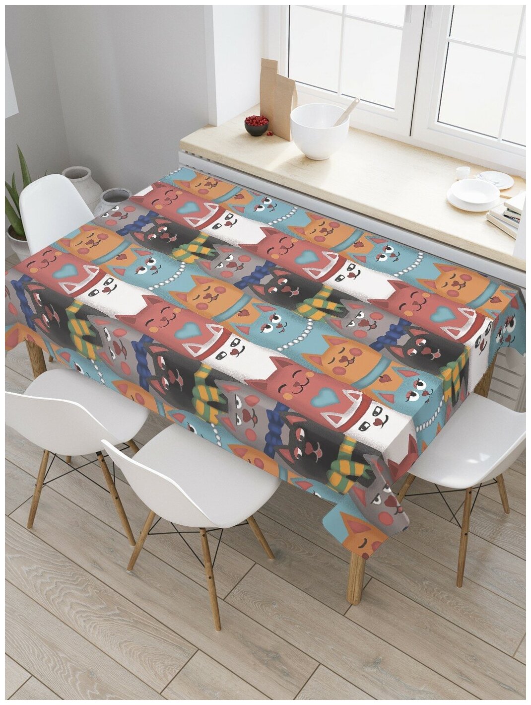 Скатерть прямоугольная JoyArty на кухонный стол "Колоритные котики" из оксфорда, 120x145 см