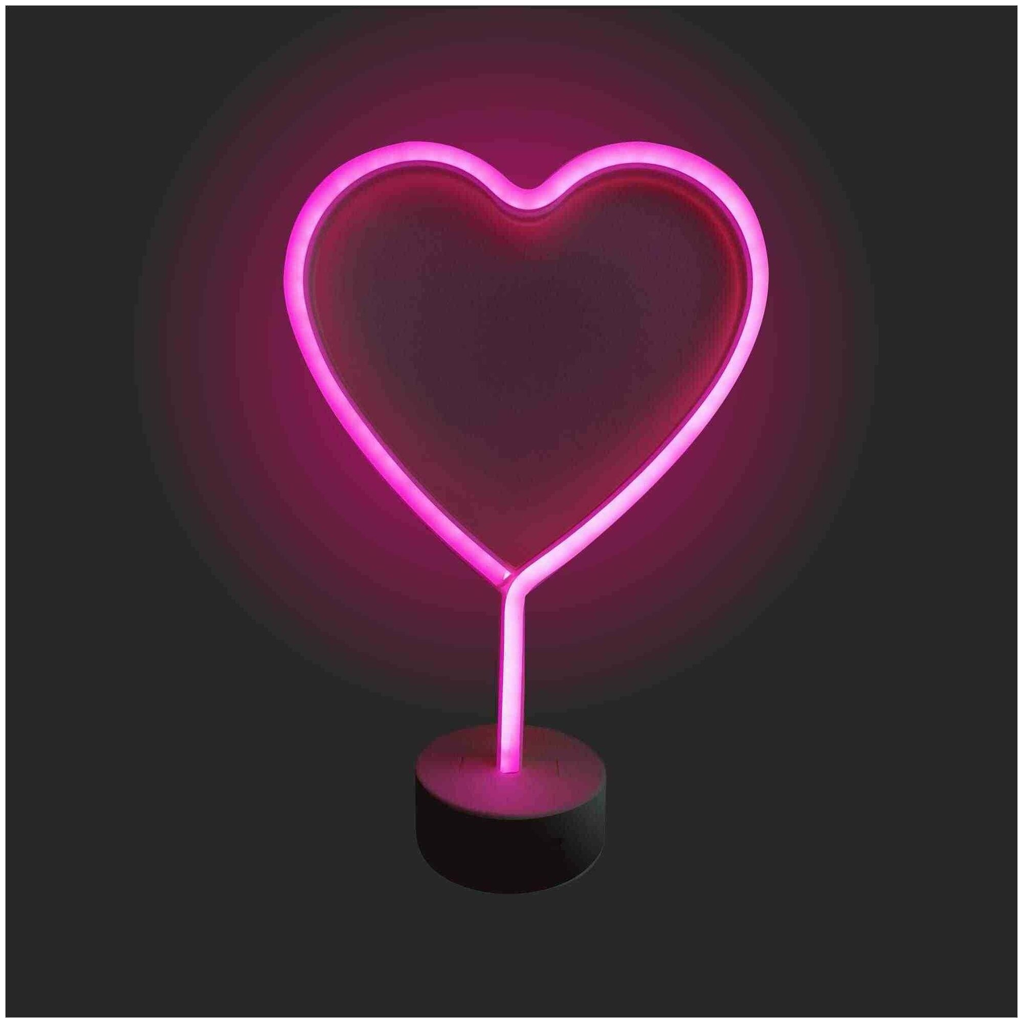 Неоновый светодиодный ночник с розовым цветом свечением для интерьера детской или спальни Apeyron Сердце 12-66. Компактная настольная ночная лампа в виде сердца / LED светильник-ночник работает от бат