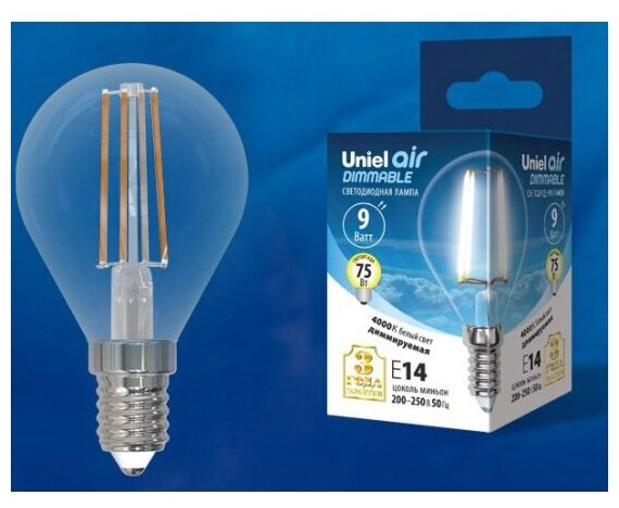 Светодиодная лампа Uniel LED-G45-9W/4000K/E14/CL/DIM GLA01TR диммируемая. Форма "шар", прозрачная. Серия Air. Белый свет (4000K). Картон.