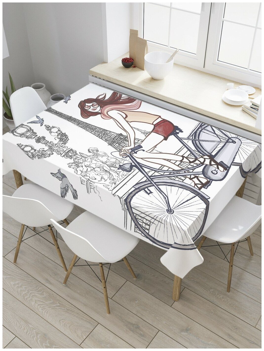 Скатерть прямоугольная JoyArty на кухонный стол "По Парижу на велосипеде" из оксфорда, 120x145 см