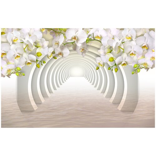 Фотообои Уютная стена Объемные стереоскопические 3D арки и орхидеи 420х270 см Виниловые Бесшовные (единым полотном)