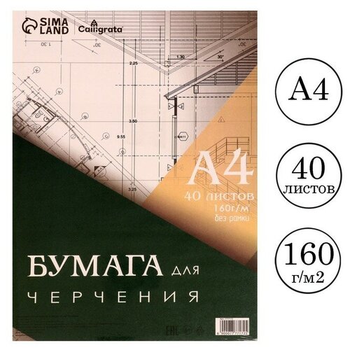 Бумага д/черчения А4 40л 160г/м² 210*297мм без рамки блок в т/у плёнке бумага д рисования а4 100 листов 160г м² для творчества в т у плёнке 7777168