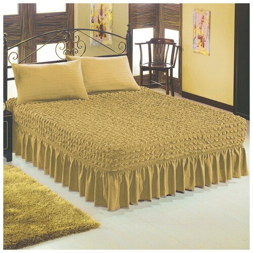 фото Универсальный чехол-покрывало на кровать с двумя наволочками, цвет горчичный karbeltex