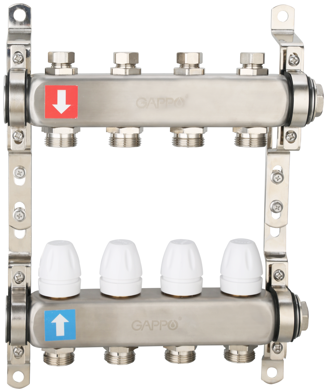 Коллектор регулируемый с запорными клапанами, из нерж. стали, 7-вых. x 1" x 3/4" Gappo (G428.7)