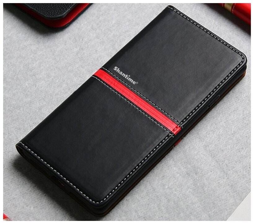 Чехол-книжка MyPads Una Fitto из эко-кожи на жёсткой металлической основе для Huawei Nova 10 черный с красной полосой