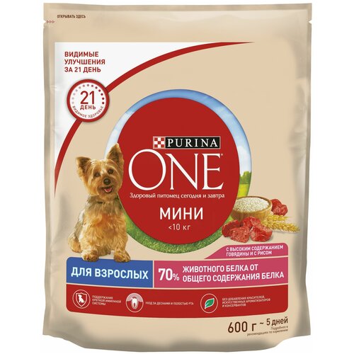 Сухой корм Purina ONE для собак мелких пород с активным образом жизни, с высоким содержанием говядины и с рисом 600 г х 4 шт