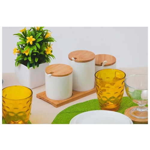 фото Набор банок для сыпучих продуктов доляна «эстет», 3 банки: 200 мл, 250 мл, 350 мл, 3 ложки, на подставке