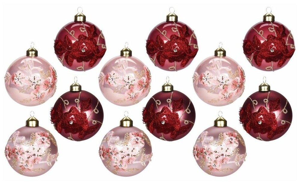 Набор стеклянных ёлочных шаров ROMANCE DE FLEURS, розовые, розовый бархат, 8 см, упаковка 12 шт, Koopman International ABT620120