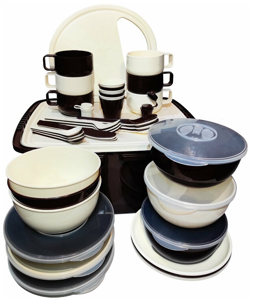 Посуда пластиковая многоразовая SOLARIS S1611 туристическая набор на 6 персоны в контейнере ванильно-шоколадный