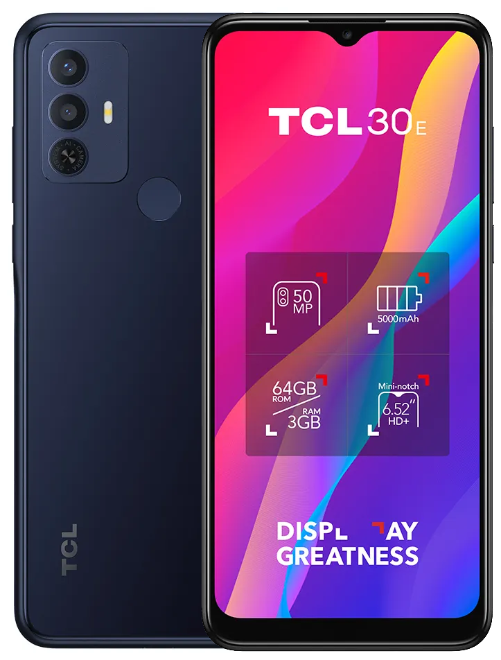 TCL 30E Blue, 16,56 см (6.52") 20:9 720x1600, 4x1,8 ГГц+4x1,5 ГГц, 8 Core, 3GB RAM, 64GB, up to 512GB flash, 50 МП + 2 МП/5Mpix, 2 Sim, 2G, 3G, LTE, BT v5.0, Wi-Fi, NFC, GPS, Type-C, 5000mAh, Android 12, 190g, 165,2 ммx75,5 ммx8,9 мм