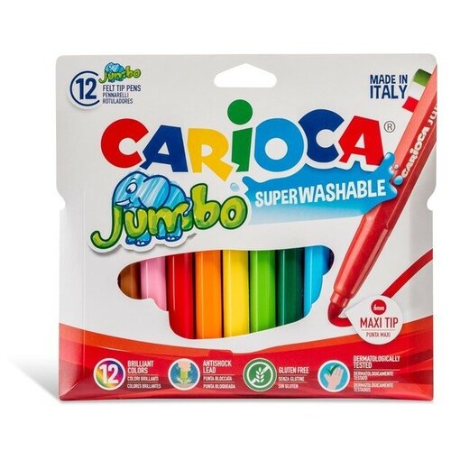 фото Carioca фломастеры 12 цветов carioca "jumbo" 5 мм, утолщенные, смываемые, картон, европодвес