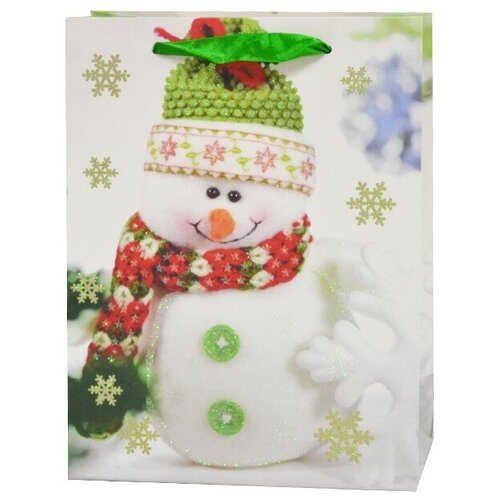 фото Пакет подарочный, снеговичок в зеленой шапочке, с блестками, 23*18*10 см, 1 шт. дон баллон