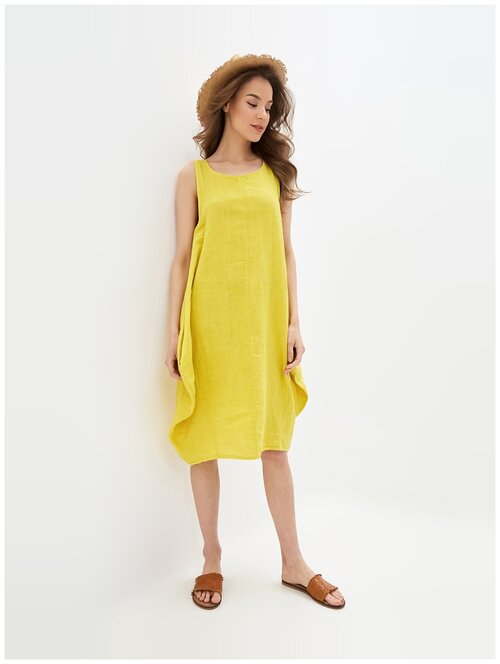 Платье Baon, лен, повседневное, свободный силуэт, макси, размер L, желтый